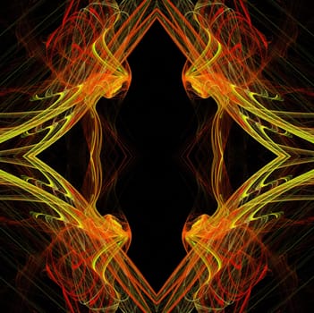 Diamond shaped continuous fractal pattern in yellow and red on a black background.