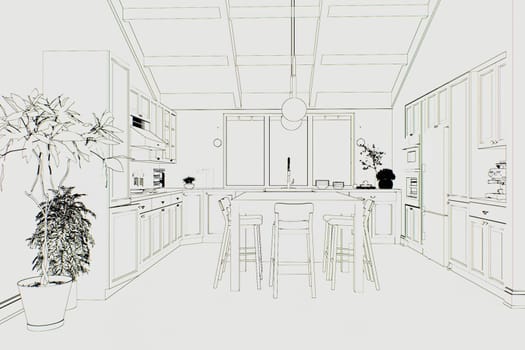 Drawing of a kitchen on a white background with an island and household appliances. Abstract kitchen design in hand drawn style. 3D rendering