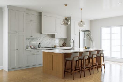 Traditional American kitchen with wooden island and kitchen appliances. Interior of a bright kitchen with a large window. 3d rendering