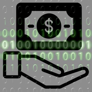 Money in hand icon on the background of the binary code. Vector illustration.hand holding a dollar symbol on a binary code background.