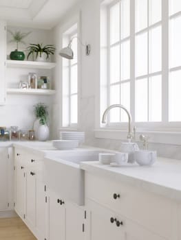 Kitchen sink by the window with dishes. Stylish, bright kitchen in traditional style. 3D rendering