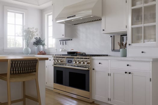 Large stove with hood on a white kitchen. Stylish, bright kitchen in traditional style. 3D rendering