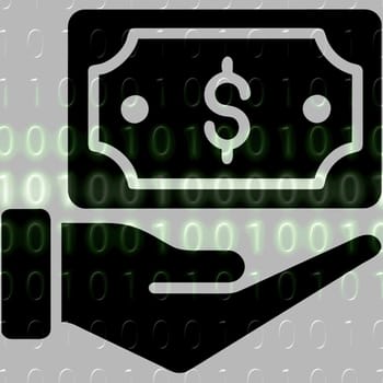 Money in hand icon on the background of the binary code. Vector illustration.hand holding a dollar symbol on a binary code background.