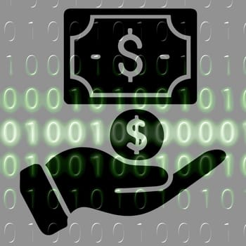 Money in hand icon on the background of the binary code. Vector illustration.hand holding a dollar symbol on a binary code background.