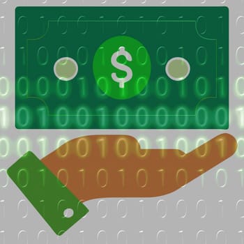 Money in hand icon on the background of the binary code. Vector illustration.hand holding a dollar symbol on a binary code background.