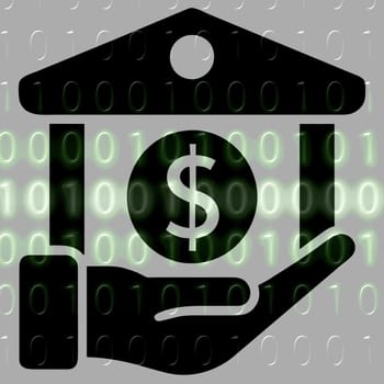 Money in hand icon on the background of the binary code. Vector illustration.hand holding a dollar symbol on a binary code background.