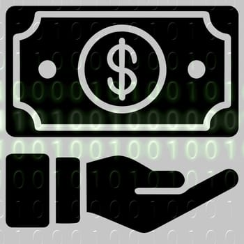 Money in hand icon on the background of the binary code. Vector illustration.hand holding a dollar symbol on a binary code background.