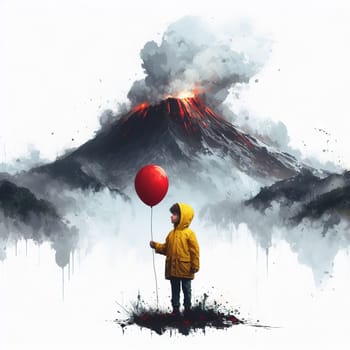 A boy in a yellow jacket with a red balloon against the backdrop of a flaming volcano. generative AI. High quality photo