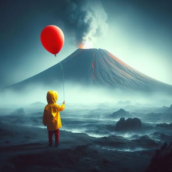 A boy in a yellow jacket with a red balloon against the backdrop of a flaming volcano. generative AI. High quality photo
