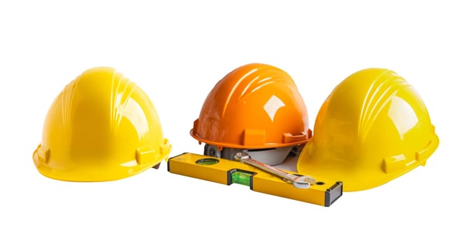 Safety first hard helmet hat and engineer tool with copy space, engineering construction and architecture concept.