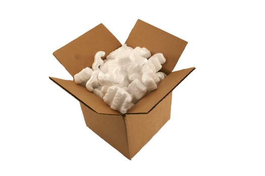 Isolated open cardboard box with packing peanuts