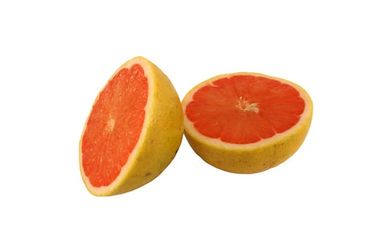 A Isolated pink grapefruit halves on white