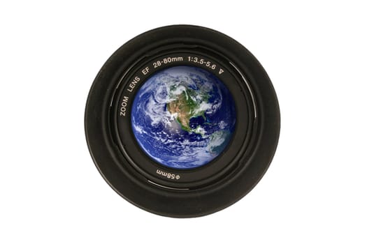 A Camera lens with the earth in the glass