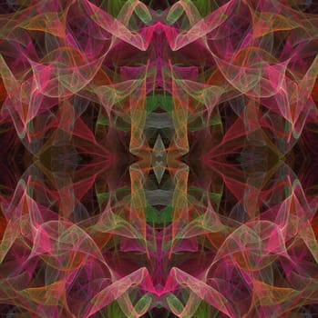 Seamless, continuous, repeating fractal pattern in multi-colored transparent layers.