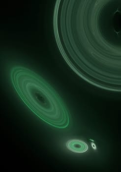 Outer space fractal design displaying many galaxies in shades of green.