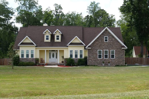 One story residential home with both brick and board siding on the facade.