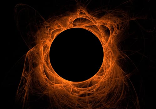 Orange fractal eclipse with solar flares on a black background.