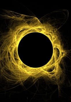 yellow fractal eclipse with solar flares on a black background.