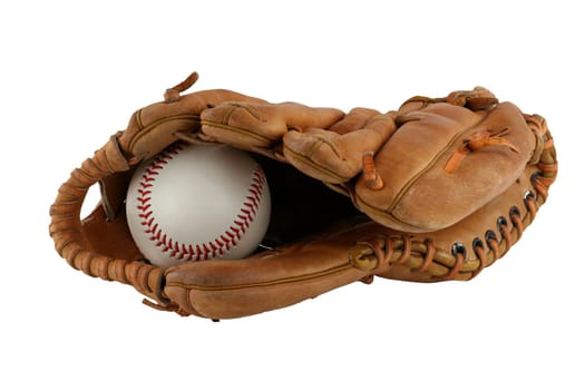 A Isolated baseball glove with ball
