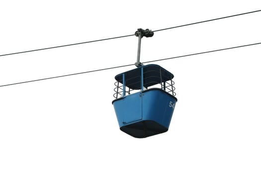 A Isolated blue gondola lift with cables