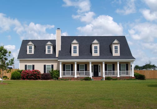 Two story residential home with board siding on the facade.
