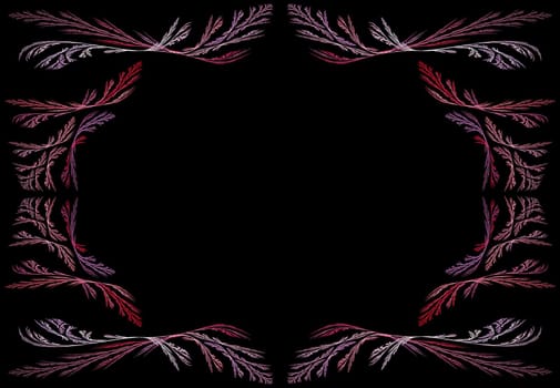 Leafy pink, red and lavender fractal frame or border with black copy space.
