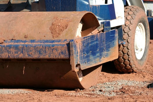 A steamroller at a construction site