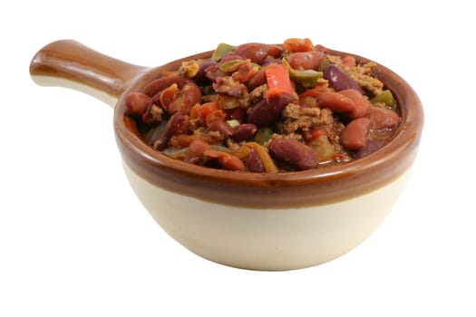 A isolated crock of chili