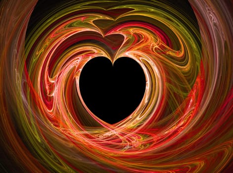 A black heart surrounded by swirls of reds.