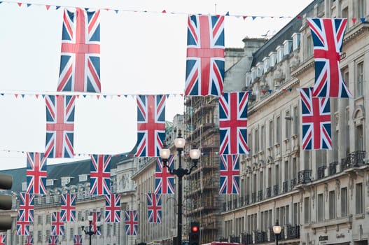 LONDON - APRIL 24: Central London hangs up buntings for Prince William and Catherine Middleton&#039 s royal wedding celebration to take place April 29 at Westminster Abbey. April 24, 2011 in London, England.