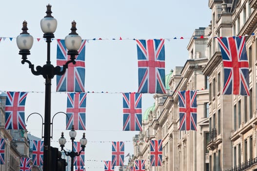 LONDON - APRIL 24: Central London hangs up buntings for Prince William and Catherine Middleton&#039 s royal wedding celebration to take place April 29 at Westminster Abbey. April 24, 2011 in London, England.