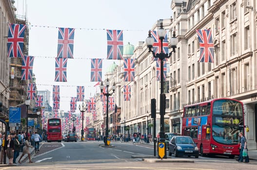 LONDON - APRIL 24: Central London hangs up buntings for Prince William and Catherine Middleton&#039 s royal wedding celebration to take place April 29 at Westminster Abbey. April 24, 2011 in London, England.