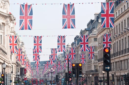 LONDON - APRIL 24: Central London hangs up buntings for Prince William and Catherine Middleton&#039 s royal wedding celebration to take place April 29 at Westminster Abbey. April 24, 2011 in London, England.