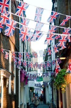LONDON - APRIL 24: Central London hangs up buntings for Prince William and Catherine Middleton&#039 s royal wedding celebration to take place April 29 at Westminster Abbey. April 24, 2011 in London, England.