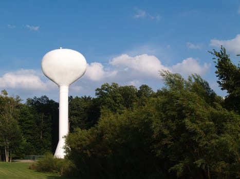 White water tower within an evergreen wooded area and against a blue sky.