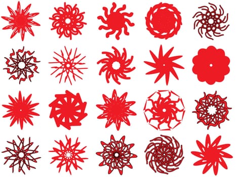 Simple icon or symbol type silhouette styled designs that resemble stars, wreaths, suns or flowers with color easily changed in photoshop.