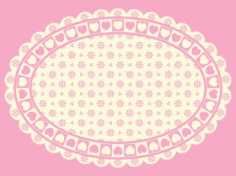 Oval Heart border with Victorian eyelet copy space in shades of pink and ecru.