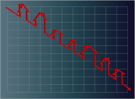 Blue housing graph with a downward projection using a red line of little houses.