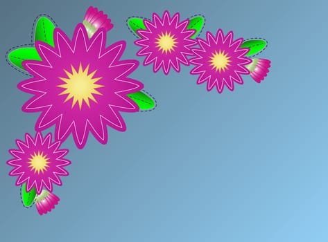 Jpg.  Pink zinnia flower border on blue copy space with quilting stitches.