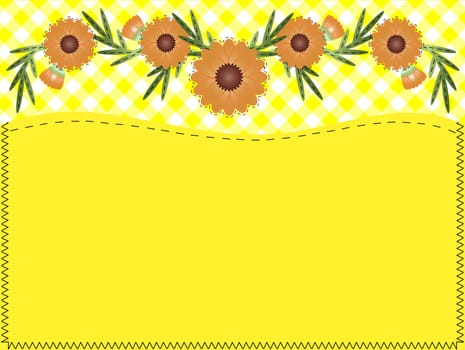 Jpg.  Orange zinnia on yellow gingham with copy space and quilting stitches.