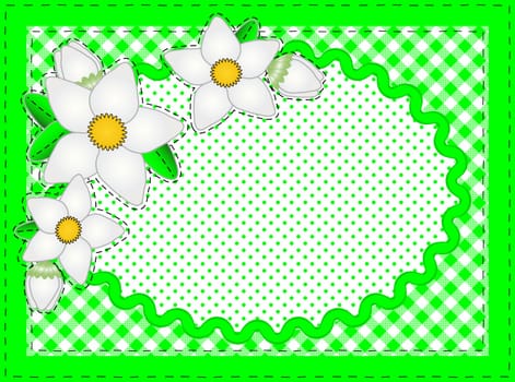 Jpg.  Border with oval copy space, flowers, gingham and dots in green, white containing quilting stitches.