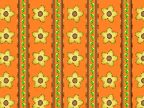 Jpg.  Orange wallpaper background with yellow daisies accented by brown stripes and quilting stitches.