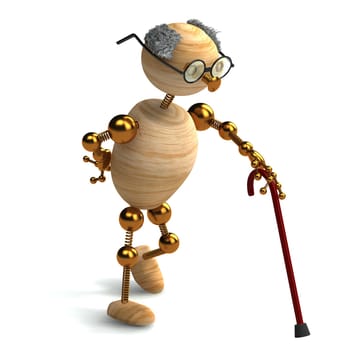 3d rendered wood man old with walking stick