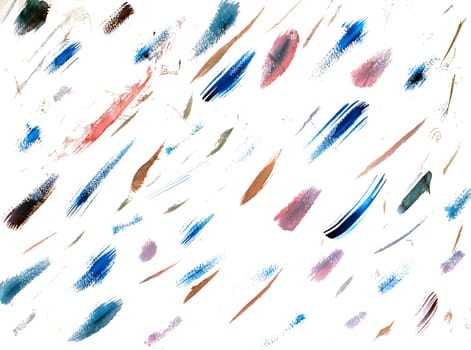 Abstract diagonal smudges and scratches of blue, brown, and purple watercolor paint appear on a white background.