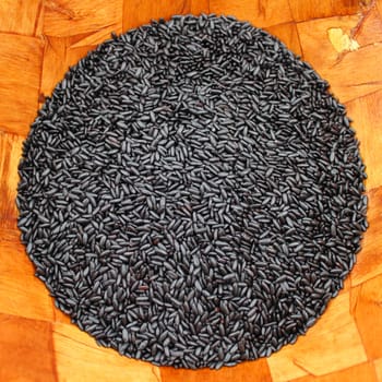 Organic black purple rice shaped into a circle in a wood bowl, square photo.
