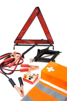 Emergency kit for car - first aid kit, car jack, jumper cables, warning triangle, light bulb kit, reflective vest