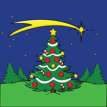 Cartoon illustration of a Christmas tree in the middle of a field at night