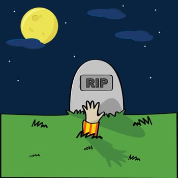 Cartoon illustration of a cemetery with a hand coming out of the ground in front of a tombstone