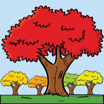 Cartoon illustration of trees in a small field during the fall