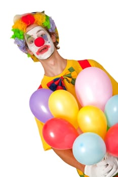 Colorful clown with balloons isolated on white background